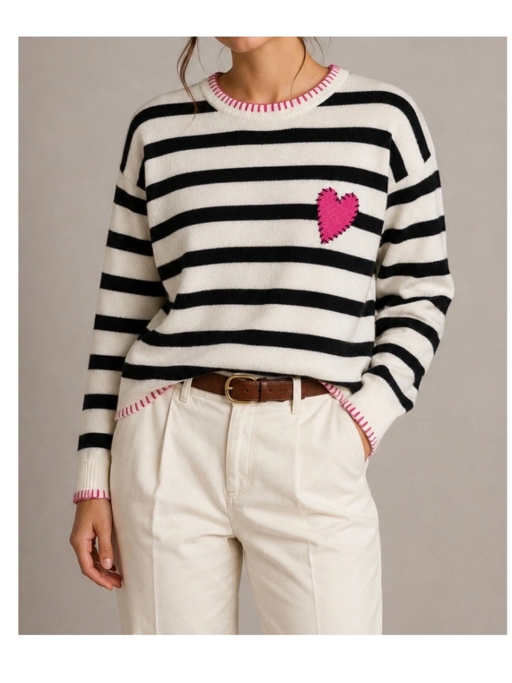Kerri Rosenthal XOKR White Black Striped Heart Sweater Soft Knit Pullover Large - Picture 1 of 9